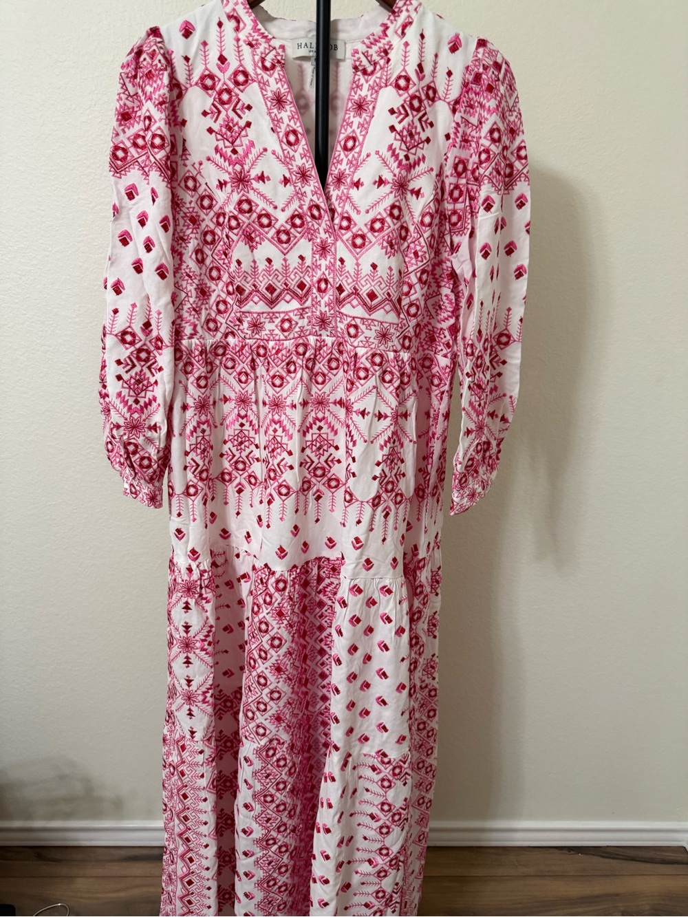 HaleBob Heritage White and Pink Embroidered Maxi Dress